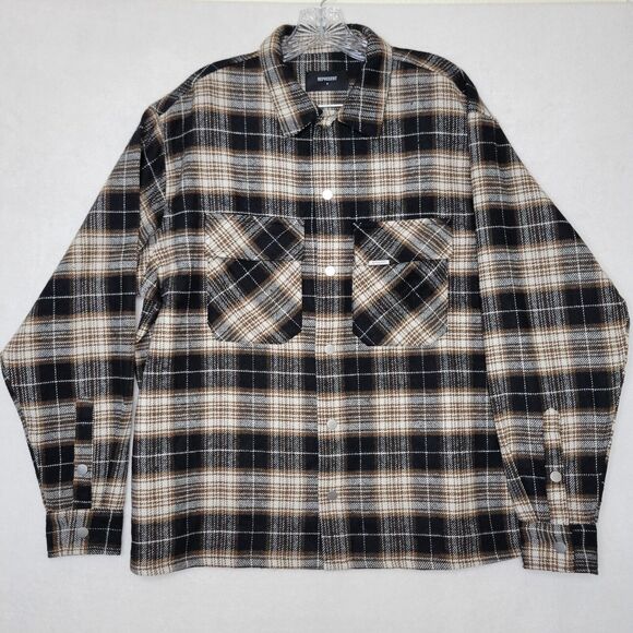 Represent Flannel Shirt Med Black/brown Button Down Cotton Oversized Overshirt